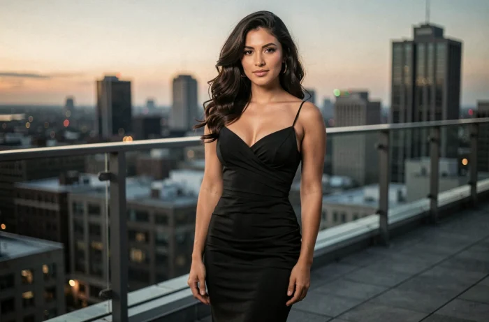 Influenceuse mode en robe noire sur une terrasse urbaine au coucher du soleil, ambiance glamour