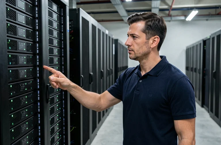 Ingénieur informatique dans une salle de serveurs pointant vers des racks de serveurs en cluster pour illustrer la définition du cluster en entreprise
