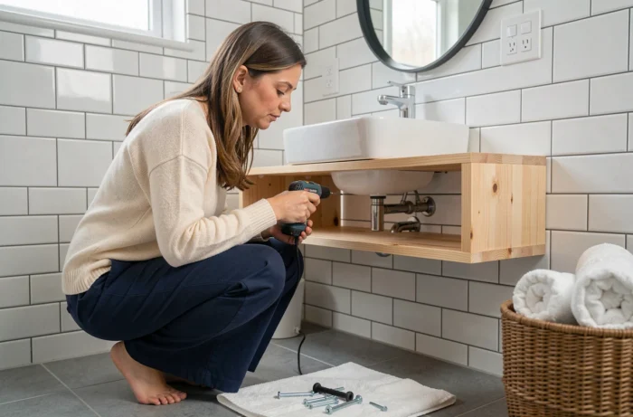 Femme installant une étagère en bois naturel dans une salle de bain pour améliorer le rangement et la décoration