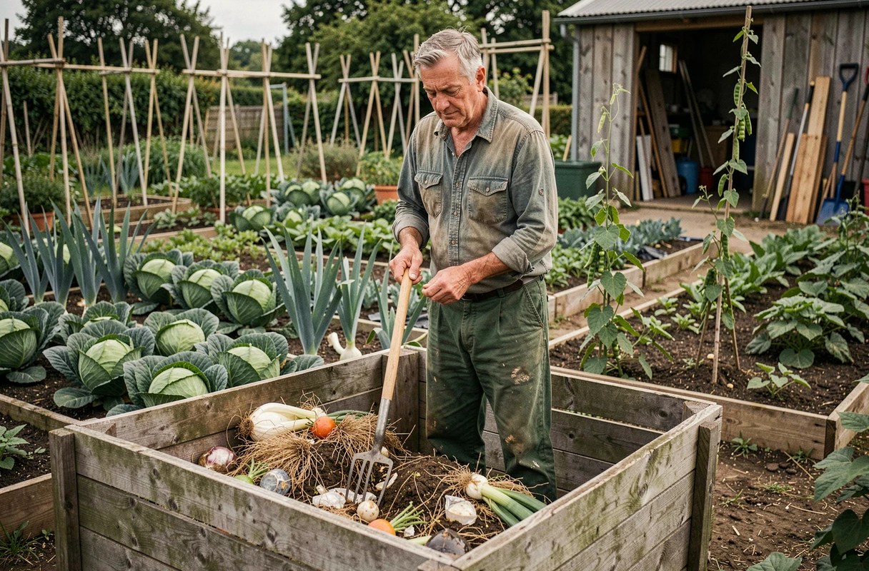 Jardinier retournant un composteur en bois dans un potager biologique avec des rangées de légumes variés en arrière-plan
