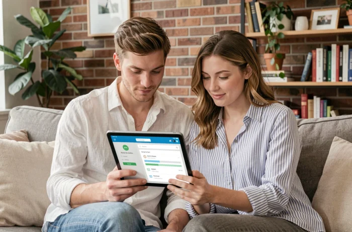 Jeune couple étudiant une simulation de crédit immobilier sur tablette dans leur salon