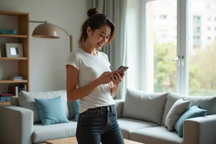 Jeune femme consultant l'espace client Réglo Mobile sur son téléphone pour recharger son forfait