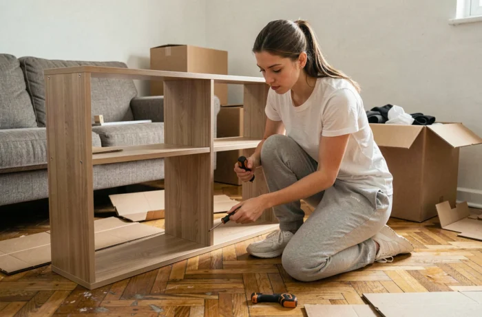 Jeune femme assemblant seule des meubles dans son appartement, symbole d'autonomie et d'indépendance au quotidien