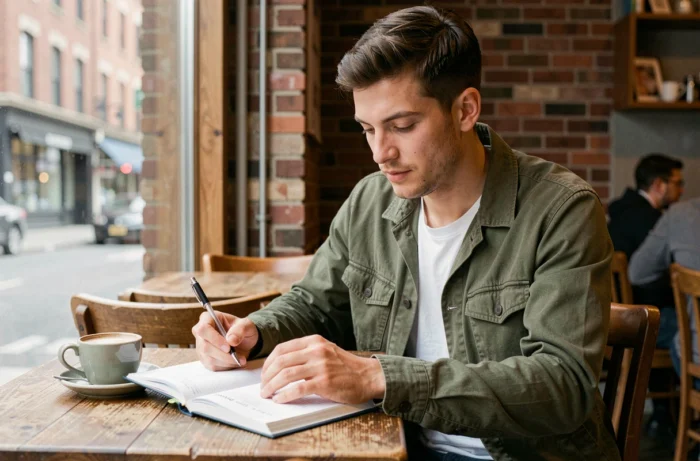 Jeune professionnel étudiant un manuel de formation continue dans un café urbain