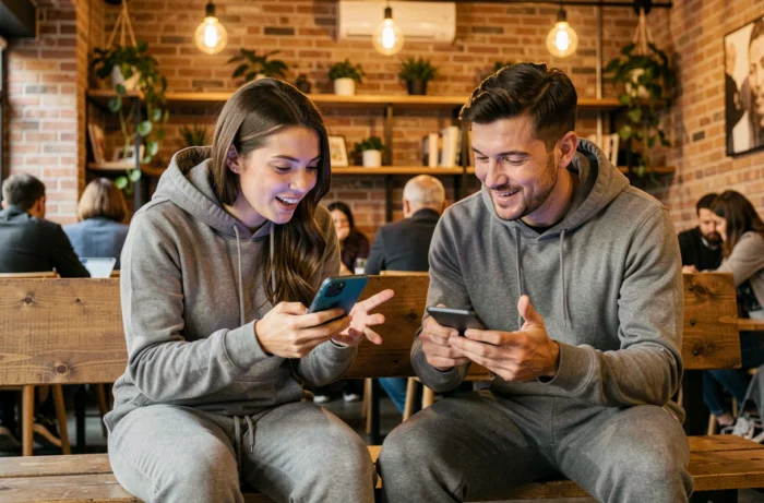 Deux jeunes adultes comparant des smartphones pliables nouvelle génération dans un café co-working branché