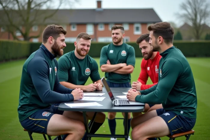 Groupe de joueurs de rugby de Nationale 2 consultant des documents de transfert autour d'une table sur le terrain d'entraînement, symbolisant les mutations qui redistribuent les forces pour 2026