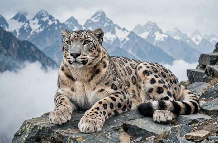 Léopard des neiges au repos sur un rocher en haute montagne, portrait animalier réaliste dans un paysage de l'Asie centrale enneigé