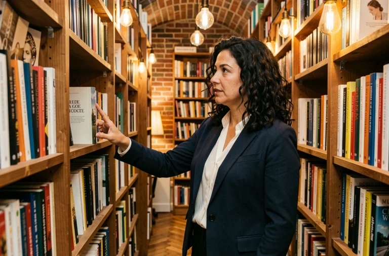 Femme parcourant les rayons d'une librairie indépendante parisienne remplie de romans et de revues littéraires françaises