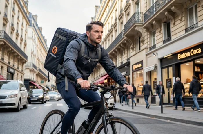 Livreur à vélo transportant une commande de repas dans les rues de Paris pour une application de livraison