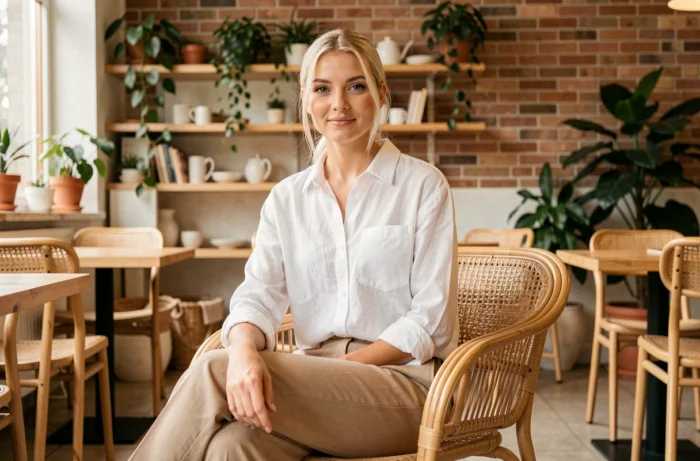Mannequin influente en tenue casual dans un café scandinave, portrait éditorial lifestyle