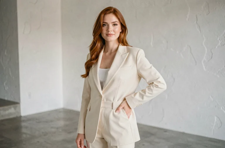 Mannequin russe influente posant dans un studio moderne avec blazer crème, style éditorial contemporain