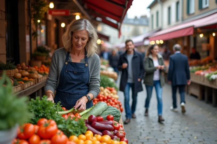 Marché local animé de Guingamp avec des étals de produits frais bretons et des commerçants sur la place pavée