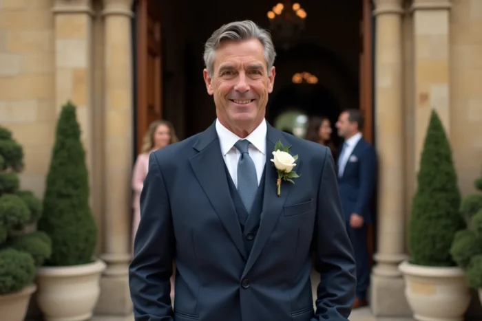 Homme élégant en costume bleu marine devant une mairie française lors d'un mariage civil