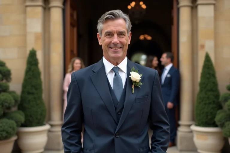 Homme élégant en costume bleu marine devant une mairie française lors d'un mariage civil