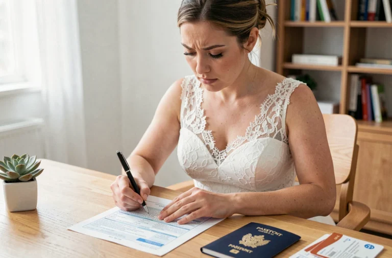 Mariée en robe de dentelle blanche remplissant des documents de voyage officiels à son bureau à domicile