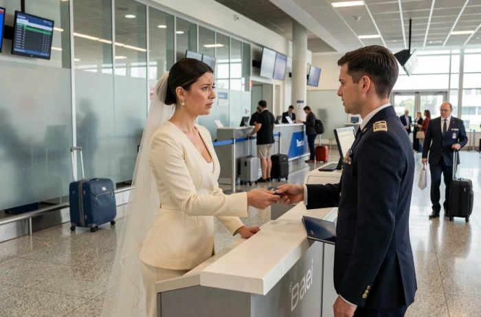 Mariée en tailleur ivoire présentant son passeport au comptoir d'enregistrement de l'aéroport