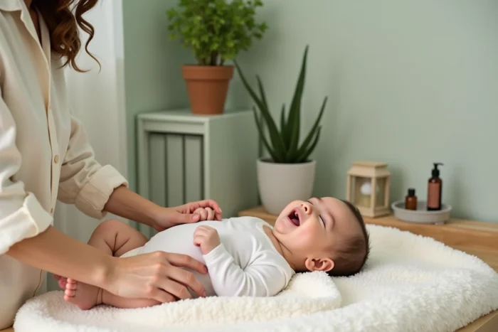 Jeune maman massant son bébé avec de l'huile naturelle sur une table à langer en bois dans une chambre de bébé apaisante