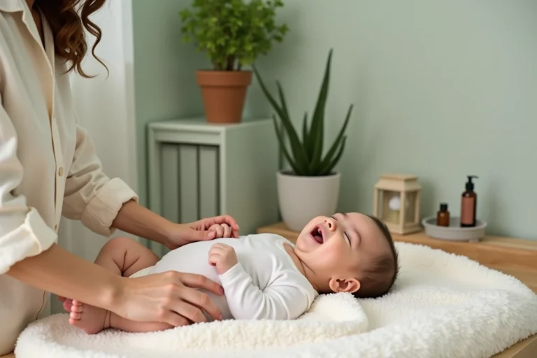 Jeune maman massant son bébé avec de l'huile naturelle sur une table à langer en bois dans une chambre de bébé apaisante