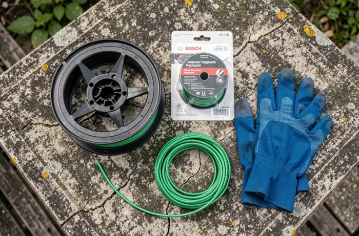 Vue de dessus du matériel nécessaire pour changer la bobine fil d'un coupe-bordure Bosch, disposé sur une table en pierre