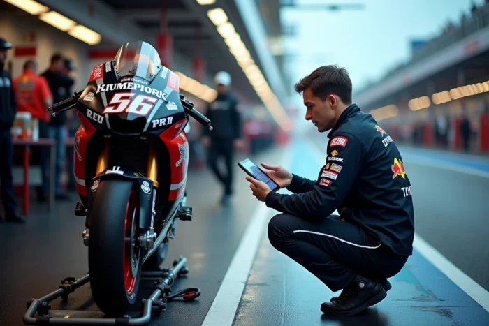Mécanicien MotoGP en stand consultant les horaires de course sur tablette numérique dans le paddock