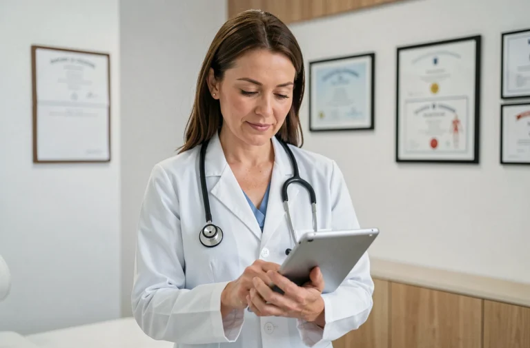 Médecin femme en blouse blanche consultant une tablette numérique dans une clinique privée moderne à Lyon