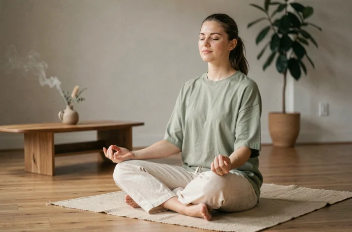 Femme pratiquant la méditation en tailleur sur un tapis de yoga en lin dans un salon minimaliste pour lutter contre le stress