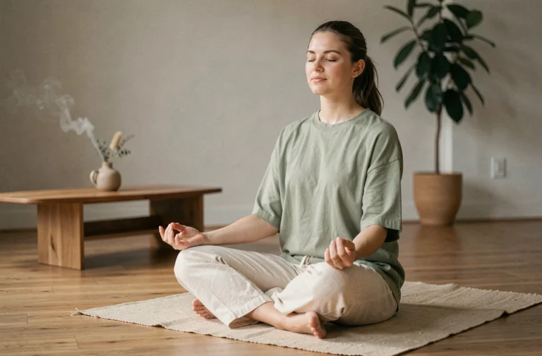 Femme pratiquant la méditation en tailleur sur un tapis de yoga en lin dans un salon minimaliste pour lutter contre le stress
