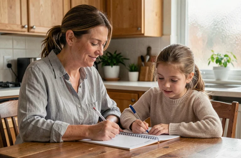 Mère aidant sa fille à faire ses devoirs à la table de cuisine, illustration de l'accompagnement parental au quotidien