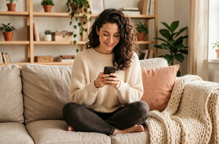 Femme souriante en pull crème composant un message d'amour sincère sur son smartphone dans un salon cosy et chaleureux