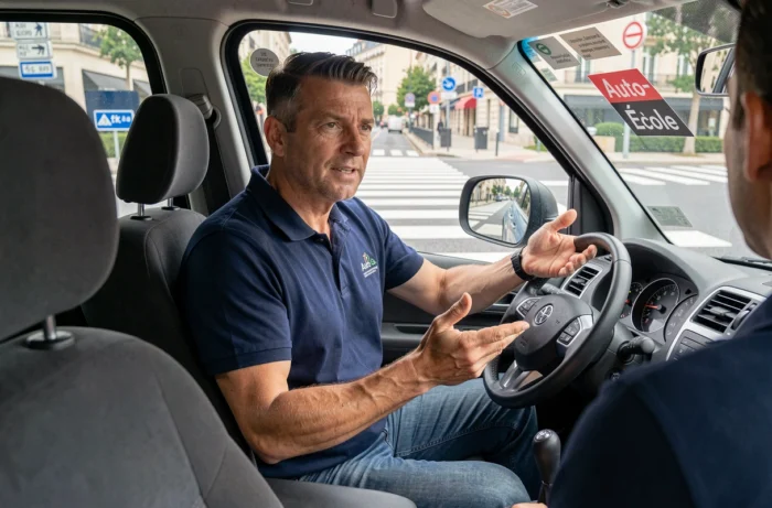 Moniteur d'auto-école expliquant une manœuvre à un élève conducteur dans un véhicule d'apprentissage