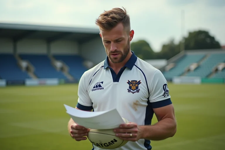 Joueur de rugby en Nationale 2 tenant un ballon ovale et consultant des documents au bord du terrain, illustrant les mutations de joueurs pour la saison 2026
