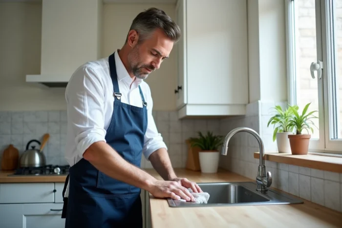 Homme nettoyant son évier de cuisine avec une solution alternative maison en remplacement de Domestos