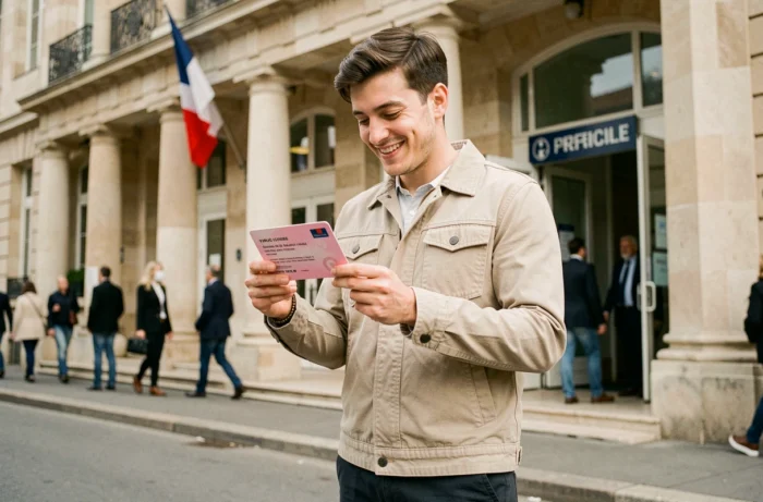 Jeune homme tenant son permis de conduire devant une préfecture française, souriant après l'obtention du permis