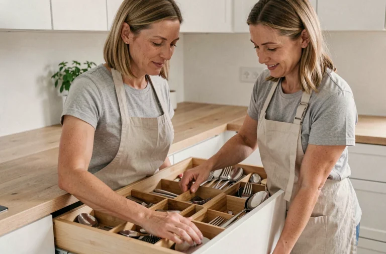 Femme organisant un tiroir de cuisine avec des séparateurs en bambou pour optimiser l'espace et le rangement