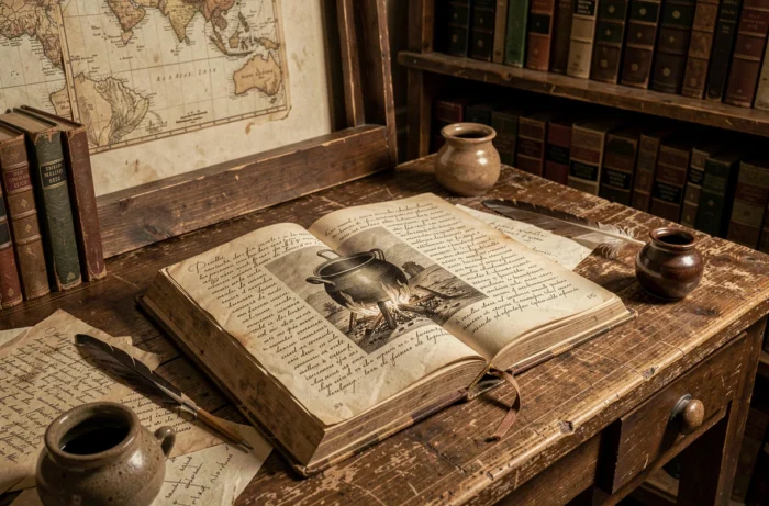 Vieux livre ouvert sur un bureau antique illustrant les origines historiques et étymologiques de l'expression soupe au lait