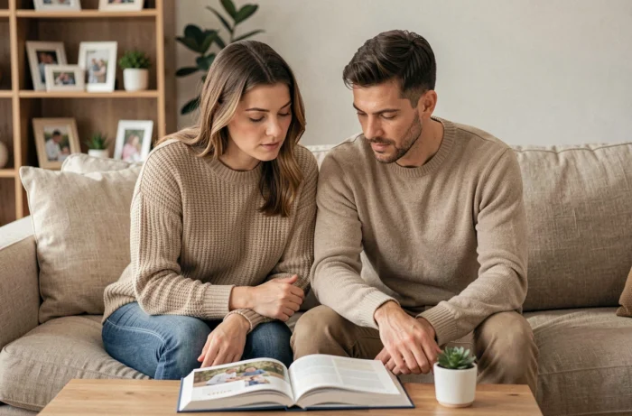 Couple de parents lisant un livre sur l'éducation ensemble dans leur salon, symbolisant les ressources parentales et le soutien familial