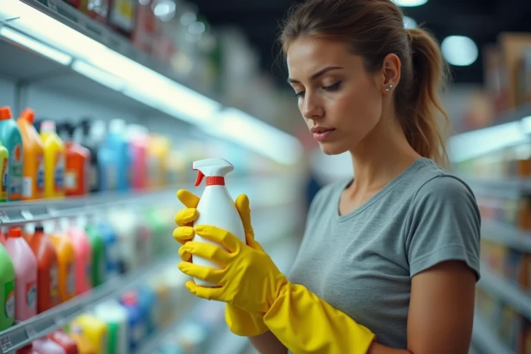 Femme examinant un produit nettoyant en rayon de supermarché face à la pénurie de Domestos