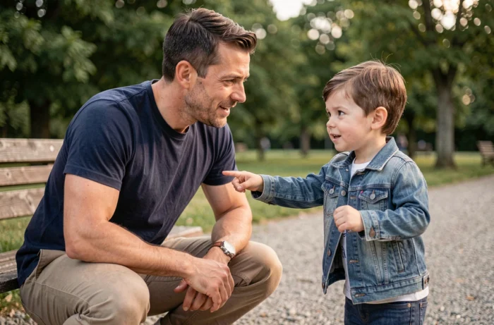 Père et fils interagissant dans un parc, représentant l'éducation bienveillante et l'éveil des enfants en plein air