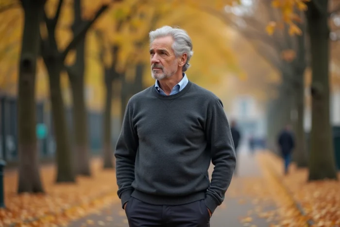 Homme public se promenant seul dans un parc parisien en automne, évoquant la vie privée loin des médias