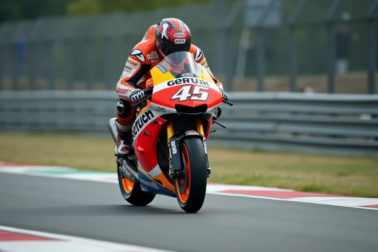Pilote MotoGP en plein virage sur circuit lors d'une course officielle, vue de bord de piste