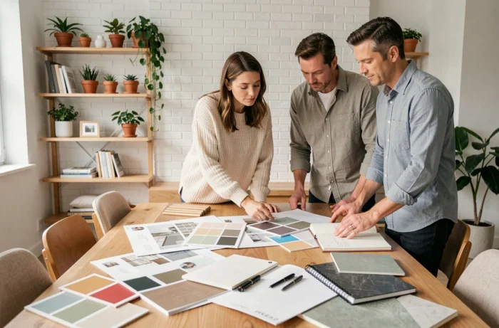 Couple planifiant une rénovation maison avec des échantillons de matériaux et un carnet de décoration intérieure