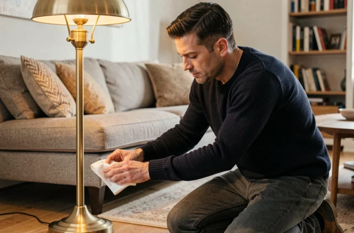 Homme qui polit un lampadaire en laiton dans un salon décoré, préparant son intérieur avant la réception d'invités