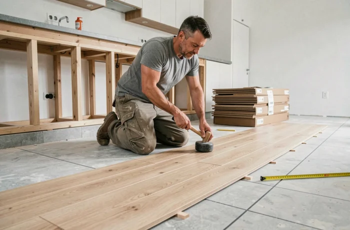 Homme posant un parquet vinyle en chêne clair dans une cuisine en cours de rénovation
