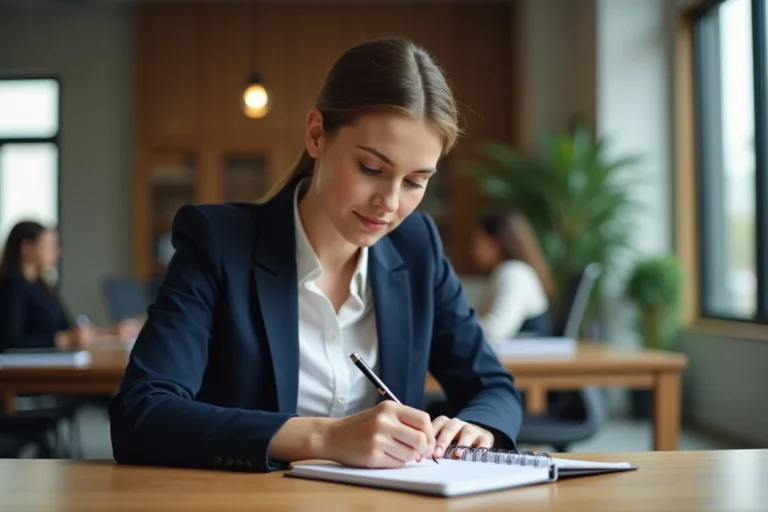 Professionnelle en blazer marine préparant ses notes avant un entretien client dans un bureau moderne