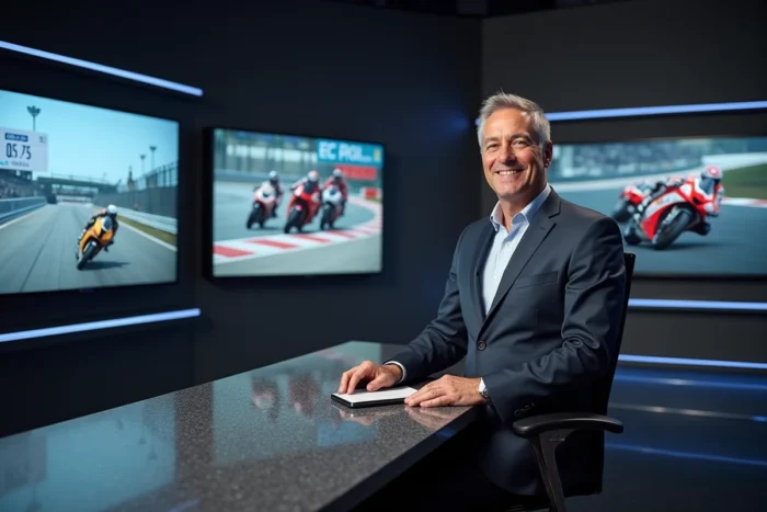 Présentateur TV annonçant l'heure de départ du Grand Prix MotoGP en direct