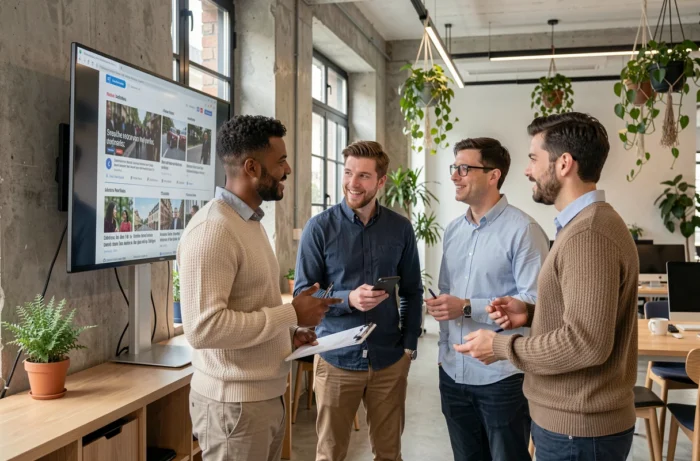 Groupe de professionnels français discutant des tendances actuelles devant un écran numérique dans un espace de coworking moderne