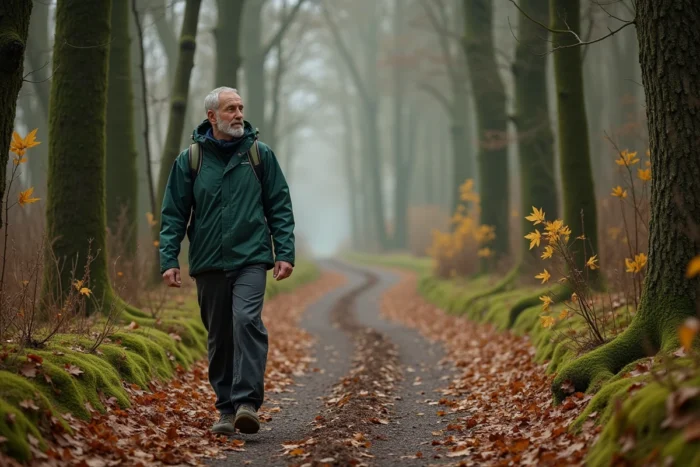 Randonneur sur un sentier forestier dans la campagne bretonne près de Guingamp en automne