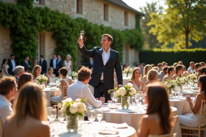 Réception de mariage en plein air dans une ferme provençale avec décoration florale élégante