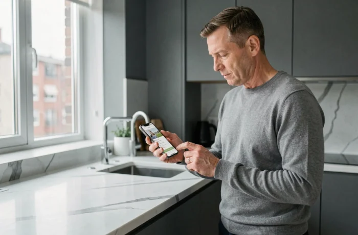 Personne consultant des offres d'emploi sur smartphone dans une cuisine moderne en milieu urbain