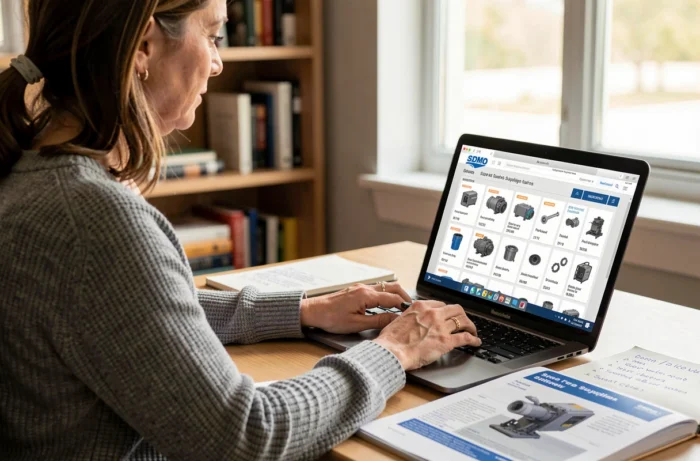 Femme recherchant des pièces détachées SDMO pour groupe électrogène sur un site internet spécialisé